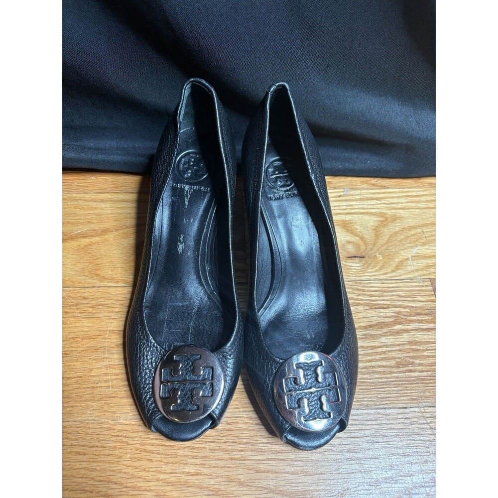 Tory Burch Sally 2 Peep-Toe Wedge Tumbled Leather Heels Size 7.5 M Black